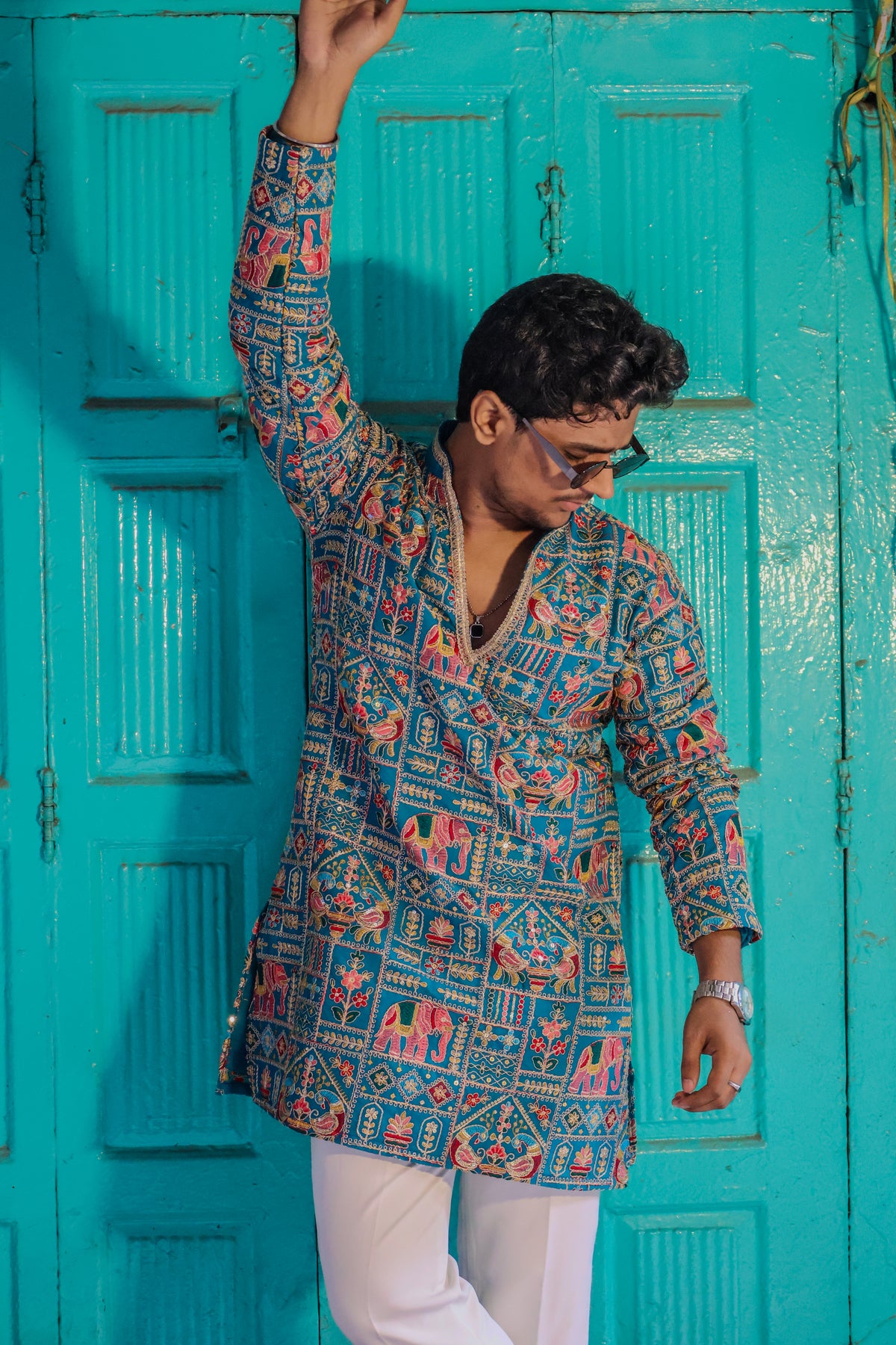 Turquoise Blue Heritage Pattern Kurta