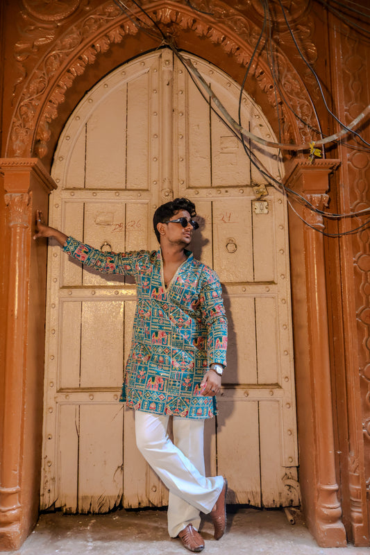 Turquoise Blue Heritage Pattern Kurta