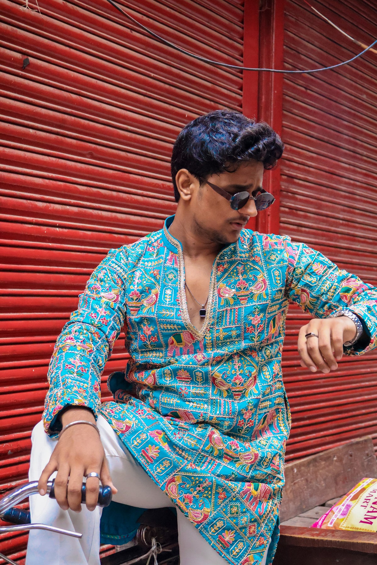 Turquoise Blue Heritage Pattern Kurta