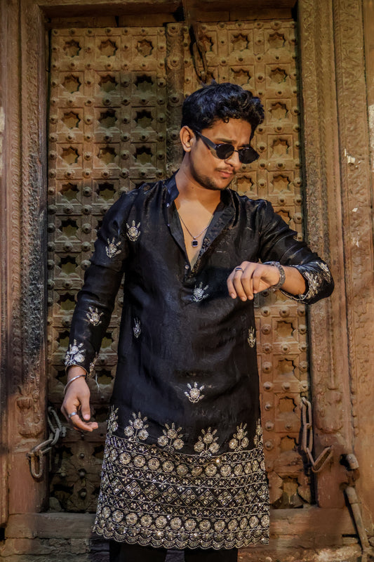 Black Silk Zari Embroidery Kurta